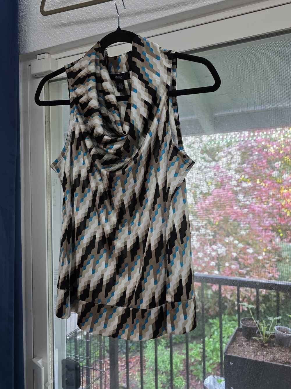 Alfani Sleeveless Cowl Neck Printed Top - Blue, Black & Cream Petite LG